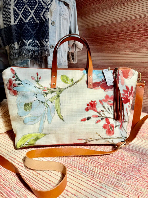 Gia Buddy Bag Tote –  USA Handmade, Embroidered Floral Carryall Leather Handle Bag