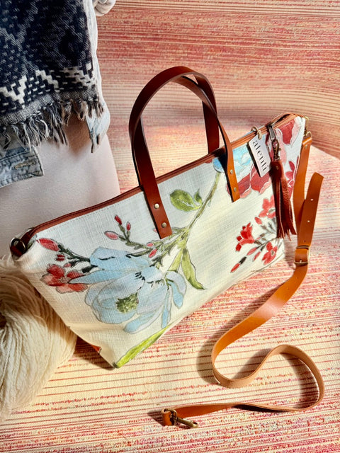 Gia Buddy Bag Tote –  USA Handmade, Embroidered Floral Carryall Leather Handle Bag