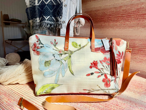 Gia Buddy Bag Tote –  USA Handmade, Embroidered Floral Carryall Leather Handle Bag