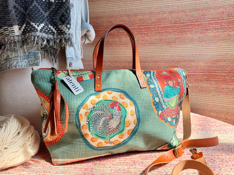 Quack Buddy Bag Tote –  USA Handmade, Embroidered Floral Carryall Leather Handle Bag