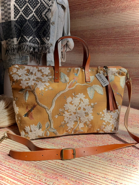 Apricot Buddy Bag Tote –  USA Handmade, Embroidered Floral Carryall Leather Handle Bag