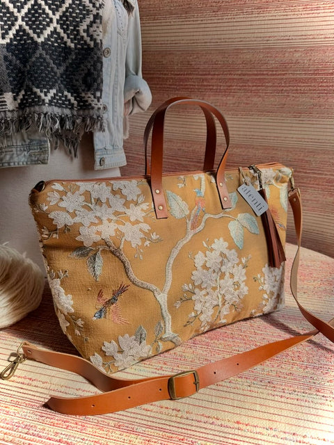 Apricot Buddy Bag Tote –  USA Handmade, Embroidered Floral Carryall Leather Handle Bag
