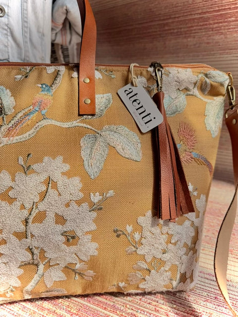 Apricot Buddy Bag Tote –  USA Handmade, Embroidered Floral Carryall Leather Handle Bag