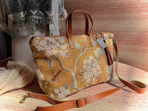Apricot Buddy Bag Tote –  USA Handmade, Embroidered Floral Carryall Leather Handle Bag