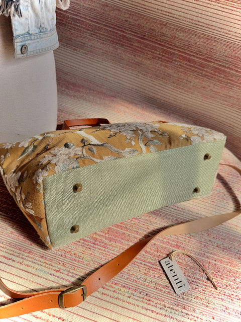 Apricot Buddy Bag Tote –  USA Handmade, Embroidered Floral Carryall Leather Handle Bag