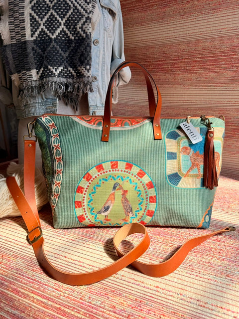 Quack Buddy Bag Tote –  USA Handmade, Embroidered Floral Carryall Leather Handle Bag
