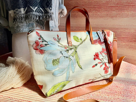 Gia Buddy Bag Tote –  USA Handmade, Embroidered Floral Carryall Leather Handle Bag