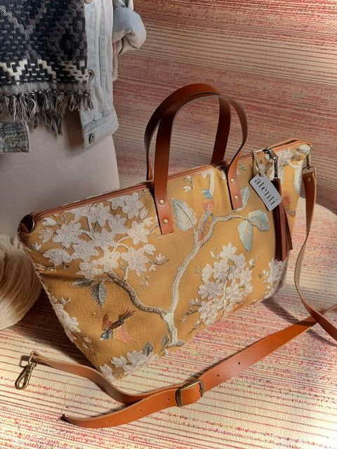 Apricot Buddy Bag Tote –  USA Handmade, Embroidered Floral Carryall Leather Handle Bag