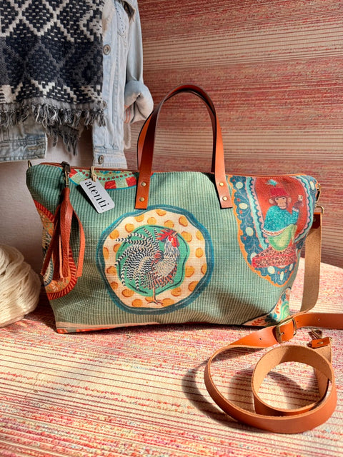 Quack Buddy Bag Tote –  USA Handmade, Embroidered Floral Carryall Leather Handle Bag