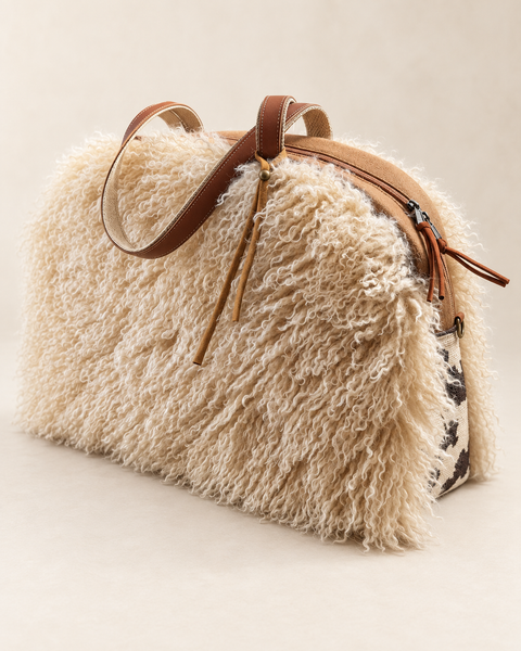 OVERNIGHTER Butterscotch Buddy Bag Atenti USA Handmade,  Faux Fur Carryall Leather Handle with Crossbody Strap (Copy)