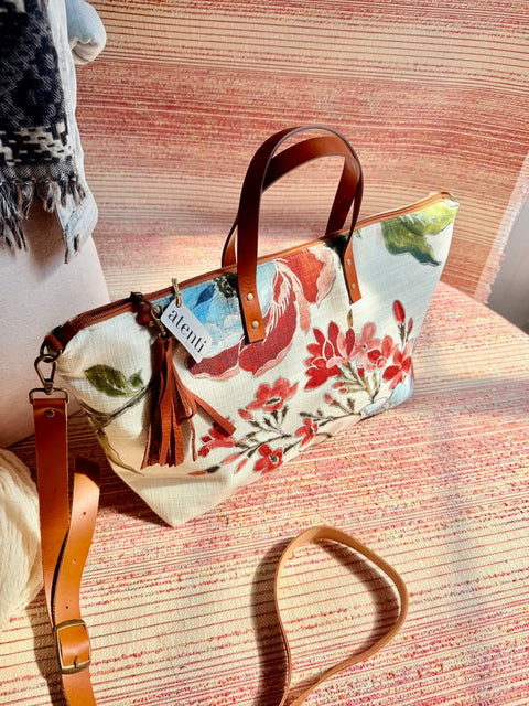 Gia Buddy Bag Tote –  USA Handmade, Embroidered Floral Carryall Leather Handle Bag