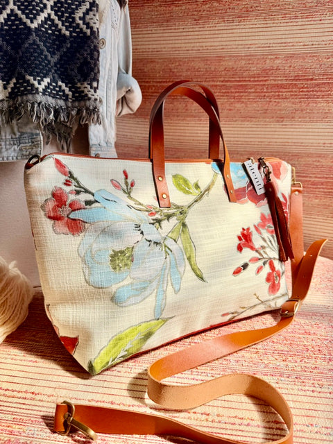 Gia Buddy Bag Tote –  USA Handmade, Embroidered Floral Carryall Leather Handle Bag