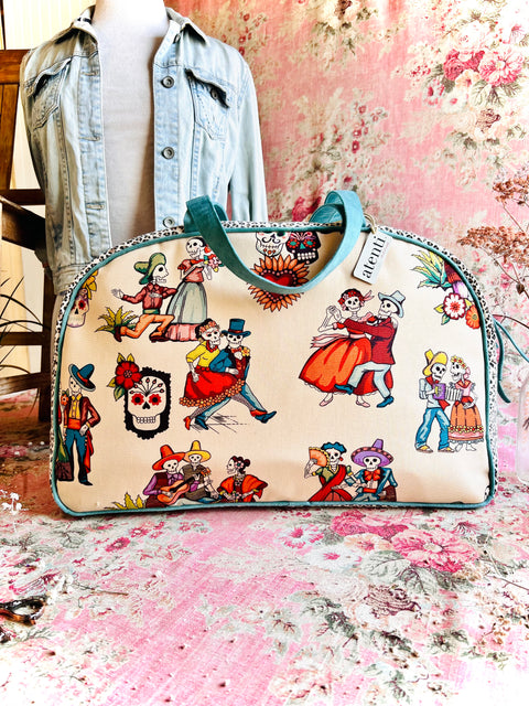 Dia de Los Muertos Overnighter – Handmade Weekender Bag, Durable Canvas with Teal Accents