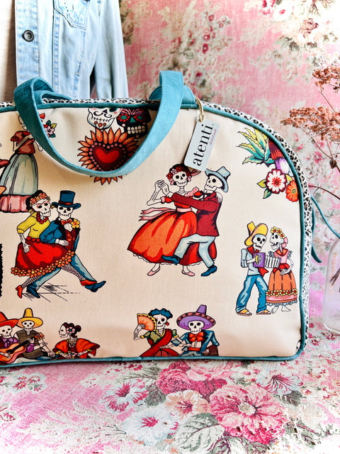 Dia de Los Muertos Overnighter – Handmade Weekender Bag, Durable Canvas with Teal Accents
