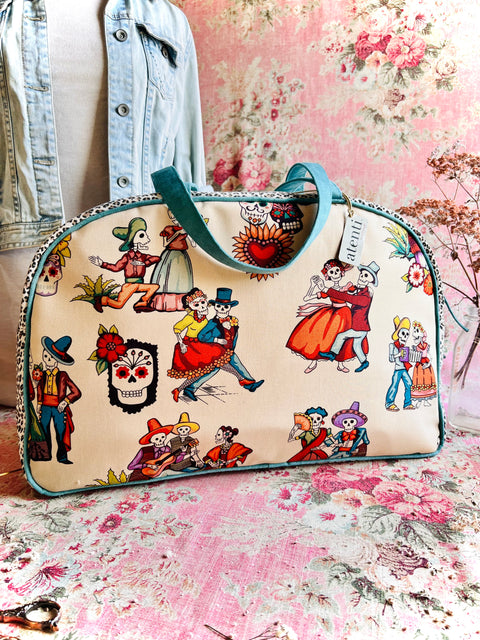 Dia de Los Muertos Overnighter – Handmade Weekender Bag, Durable Canvas with Teal Accents