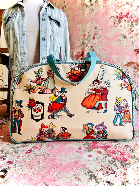 Dia de Los Muertos Overnighter – Handmade Weekender Bag, Durable Canvas with Teal Accents