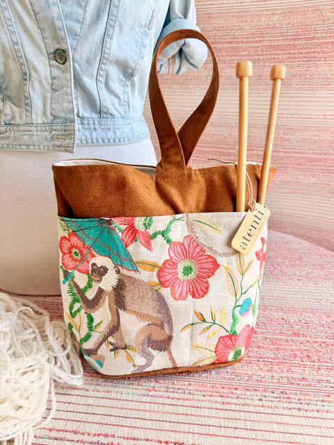 Monkey Tall Caddy– Embroidered Handmade USA Yarn & Notions Organizer, Atenti Project Bag