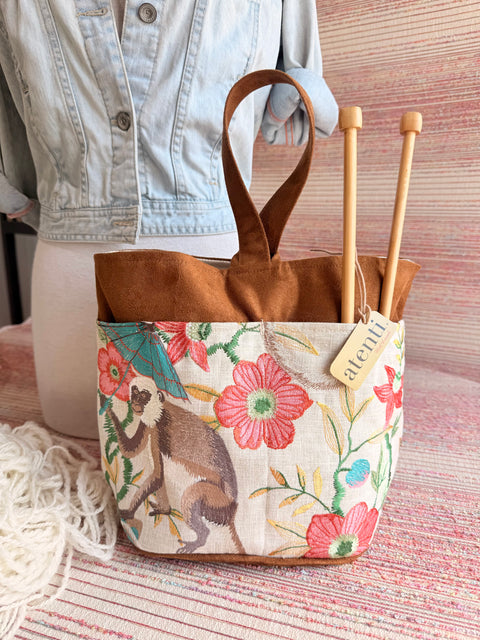Monkey Tall Caddy– Embroidered Handmade USA Yarn & Notions Organizer, Atenti Project Bag