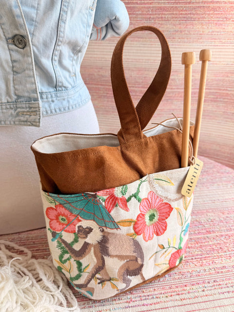 Monkey Tall Caddy– Embroidered Handmade USA Yarn & Notions Organizer, Atenti Project Bag