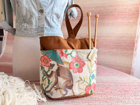 Monkey Tall Caddy– Embroidered Handmade USA Yarn & Notions Organizer, Atenti Project Bag