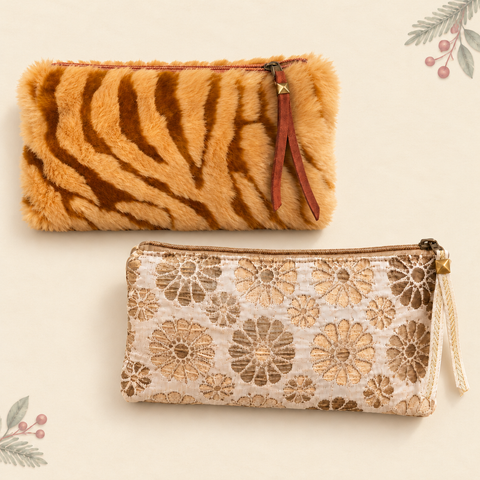 Atenti Caramel Tiger and Jelly Bean Tall Tool Pouch set of two on warm ivory with subtle sage greenery and cranberry berries.