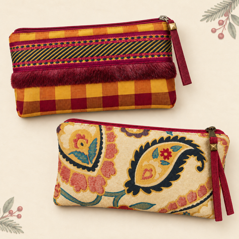 Atenti Cranberry Plaid and Jewel Paisley Tall Tool Pouch set of two on warm ivory with subtle sage greenery and cranberry berries.
