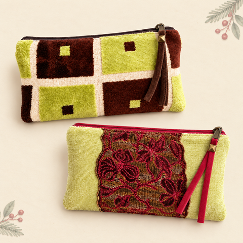 Atenti Retro Evergreen and Golden Garland Tall Tool Pouch set of two on warm ivory with subtle sage greenery and cranberry berries.