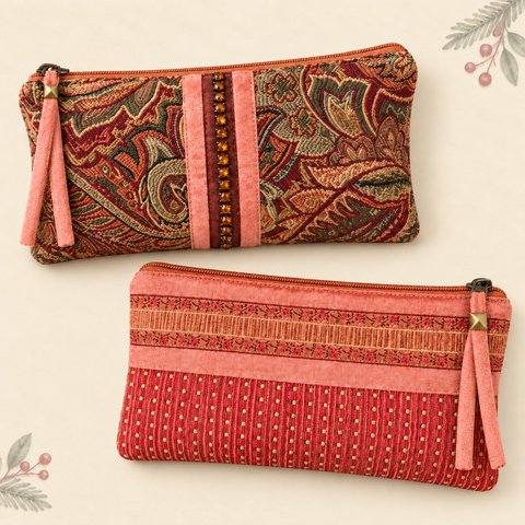 Atenti Rose Paisley and Sugarplum Ribbon Tall Tool Pouch set of two on warm ivory with subtle sage greenery and cranberry berries.