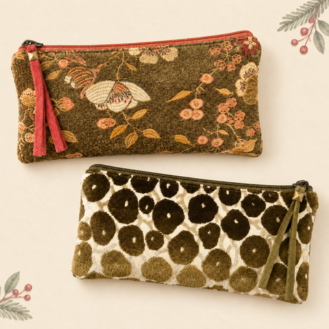 Atenti Woodland Bloom and Olive Cheetah Tall Tool Pouch set of two on warm ivory with subtle sage greenery and cranberry berries.