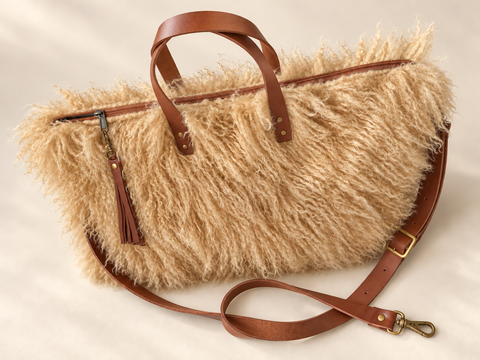 Butterscotch Buddy Bag Atenti USA Handmade,  Faux Fur Carryall Leather Handle with Crossbody Strap