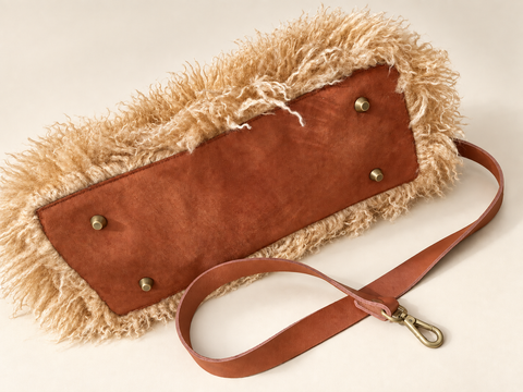 Butterscotch Buddy Bag Atenti USA Handmade,  Faux Fur Carryall Leather Handle with Crossbody Strap