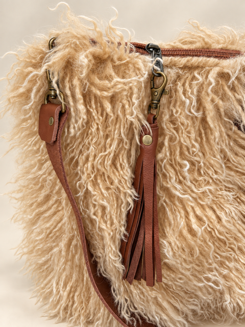 Butterscotch Buddy Bag Atenti USA Handmade,  Faux Fur Carryall Leather Handle with Crossbody Strap