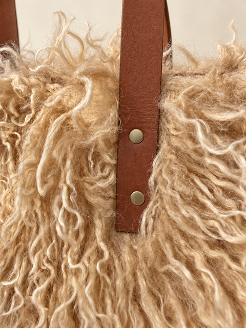 Butterscotch Buddy Bag Atenti USA Handmade,  Faux Fur Carryall Leather Handle with Crossbody Strap