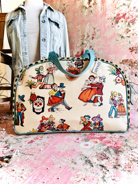 Dia de Los Muertos Overnighter – Handmade Weekender Bag, Durable Canvas with Teal Accents