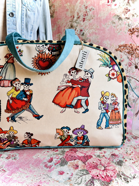 Dia de Los Muertos Overnighter – Handmade Weekender Bag, Durable Canvas with Teal Accents