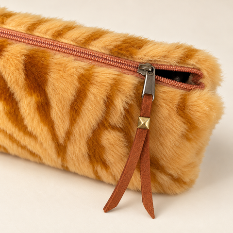 Close-up of the zipper and long brown pull on Atenti Caramel Tiger Tall Tool Pouch in plush tiger stripes.