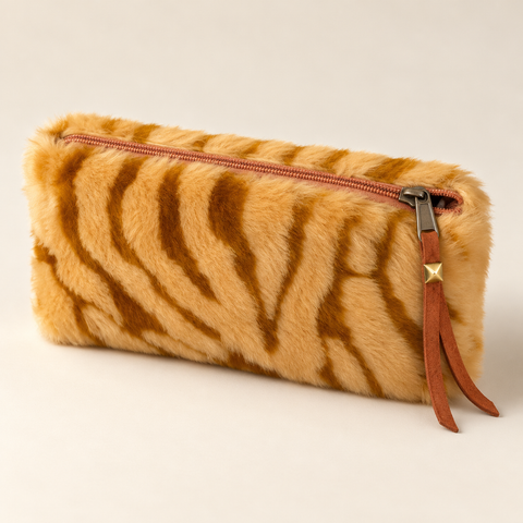 Angled view of Atenti Caramel Tiger Tall Tool Pouch, showing plush striped fabric and brown zipper pull.