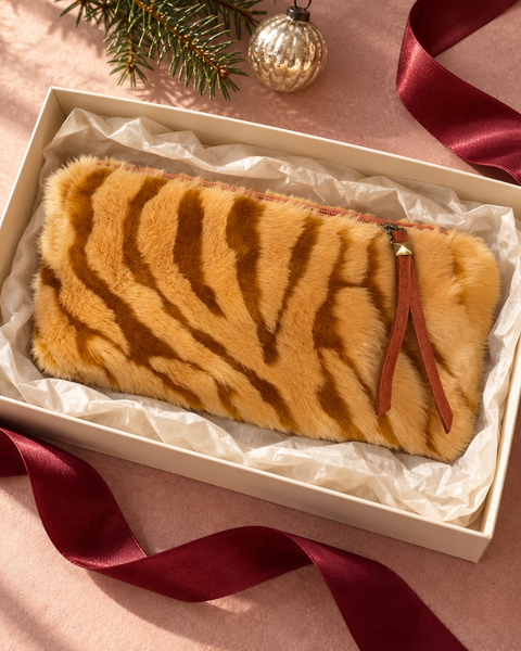 Atenti Caramel Tiger Tall Tool Pouch displayed in a tissue-lined holiday gift box with burgundy ribbon.
