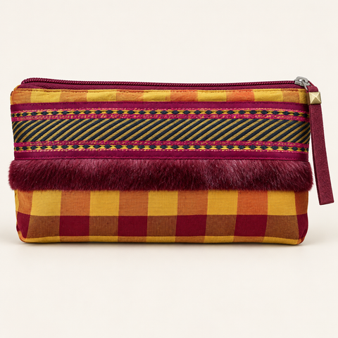 Front view of Atenti Cranberry Plaid Tall Tool Pouch, showing red and gold checks and decorative ribbon.