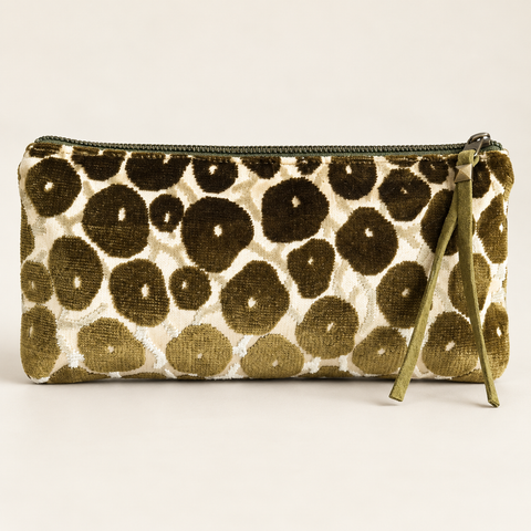 Atenti Olive Cheetah Tall Tool Pouch in olive, brown and cream spotted fabric with a coordinating zipper pull.