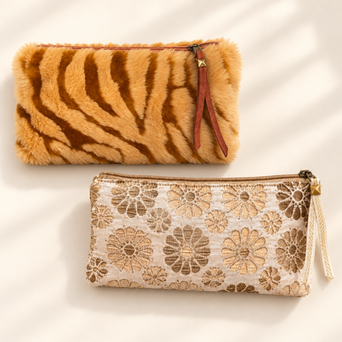 Atenti Caramel Tiger and Jelly Bean Tall Tool Pouch set of two, pairing plush tiger stripes with cream and gold florals.