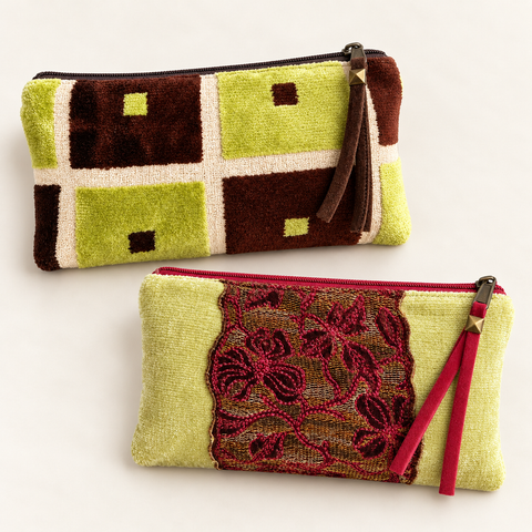 Atenti Retro Evergreen and Golden Garland Tall Tool Pouch set of two, with green geometric squares and burgundy floral lace.