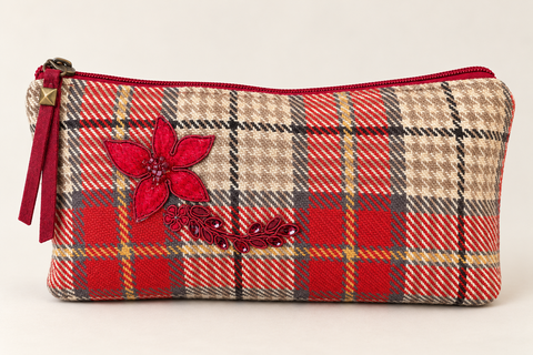 Atenti Holly Plaid Tall Tool Pouch in red and cream plaid with a red floral applique and scrolling embellishment.
