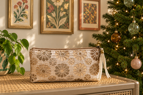 Atenti Jelly Bean Tall Tool Pouch in neutral floral fabric on a cane cabinet beside a decorated Christmas tree.