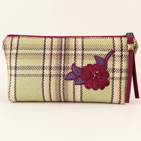 Atenti Mistletoe Plaid Tall Tool Pouch in sage and cream plaid with burgundy floral applique and purple leaves.
