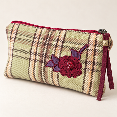 Atenti Mistletoe Plaid Tall Tool Pouch at an angle, showing sage checked fabric with burgundy flowers and purple leaves.