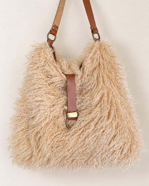 Butterscotch Soft Tote, USA Handmade Atenti Faux Fur Shoulder Bag with Leather Toggle