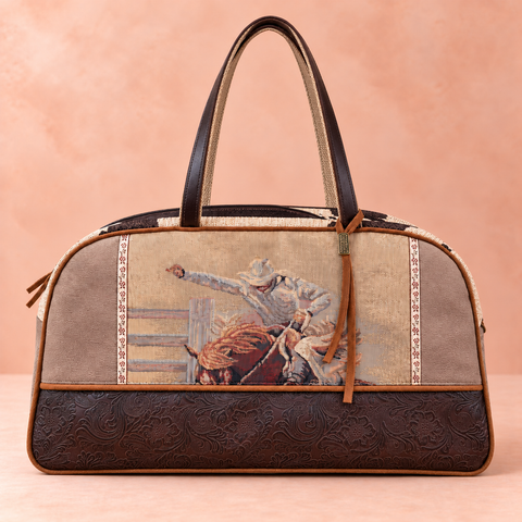 Bronco limited-edition patchwork Overnighter with western tapestry, taupe panels and long brown handles
