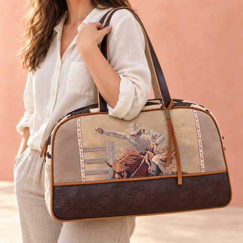 Bronco patchwork Overnighter carried over the shoulder