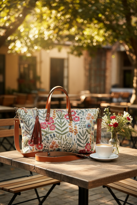Wildflower Buddy Bag– Atenti USA Handmade, Embroidered Floral Carryall Leather Handle & Crossbody Strap Bag